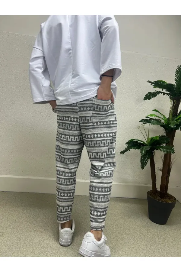 Erkek Ekru Etnik Desenli Beli İp Bağlamalı Düz Kesim Cepli Pantolon Eşofman Altı HZL24S-MXC8948-245