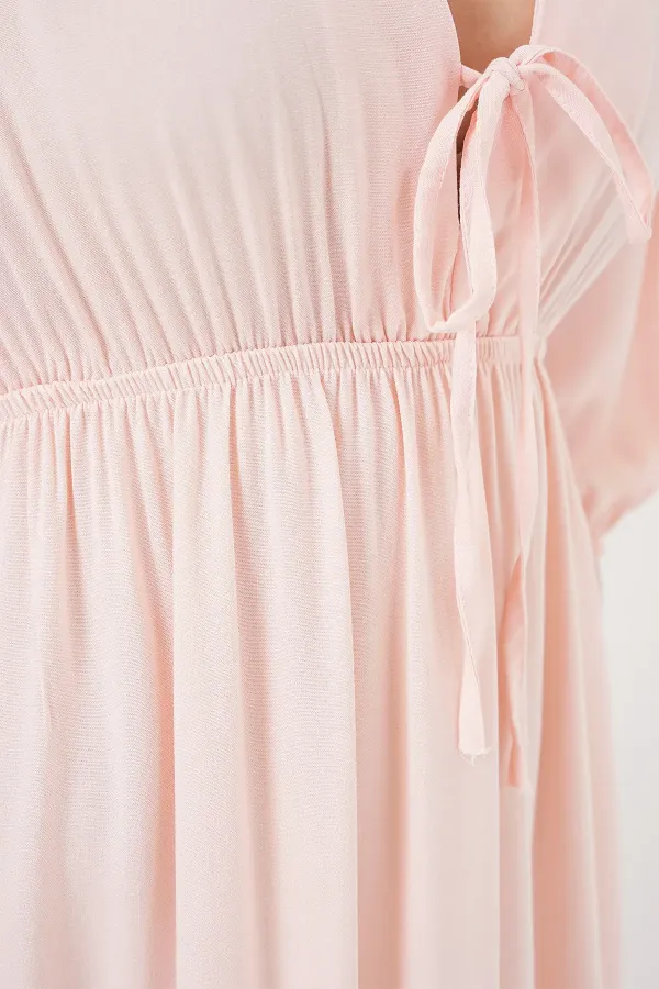 Robe 2570 pour femme, col en V et taille froncée - Rose poudré