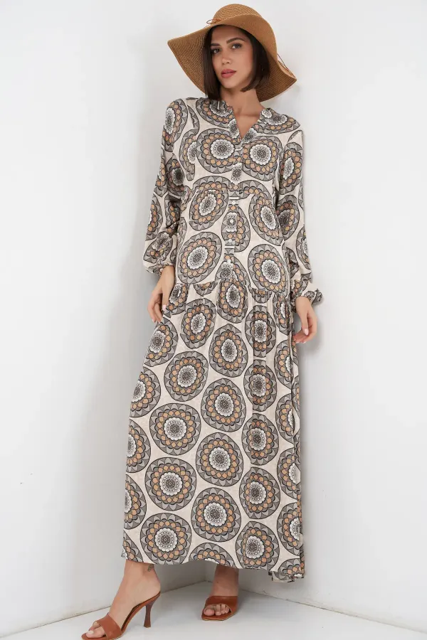 Robe longue hijab à motifs pour femme 2585 - Beige clair