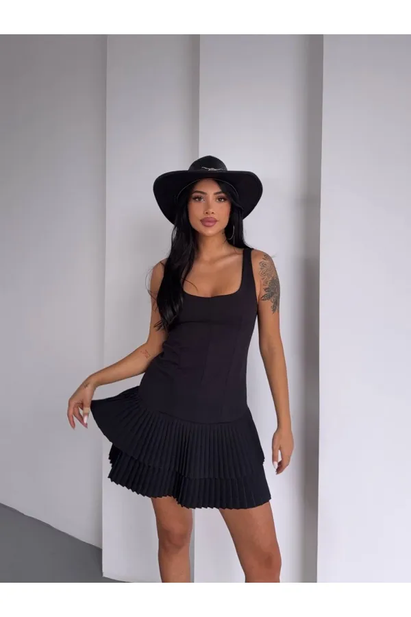 Kadın Siyah Pileli Şortlu Mini Elbise HZL25S-FRY122991