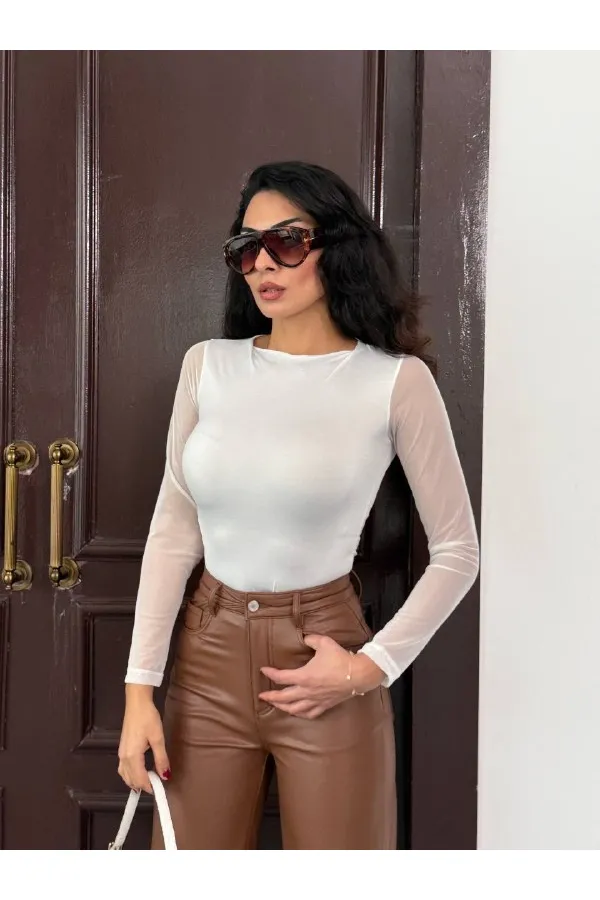 Kadın Beyaz Uzun Tül Kol Sandy Bluz HZL25W-FRY122521