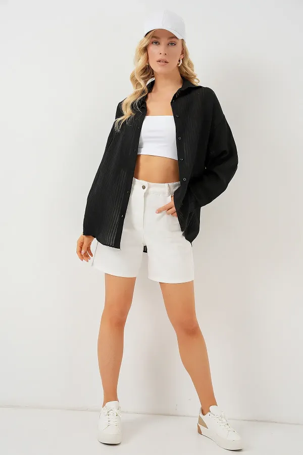 Kadın Uzun Oversize Gömlek 20320 - Siyah