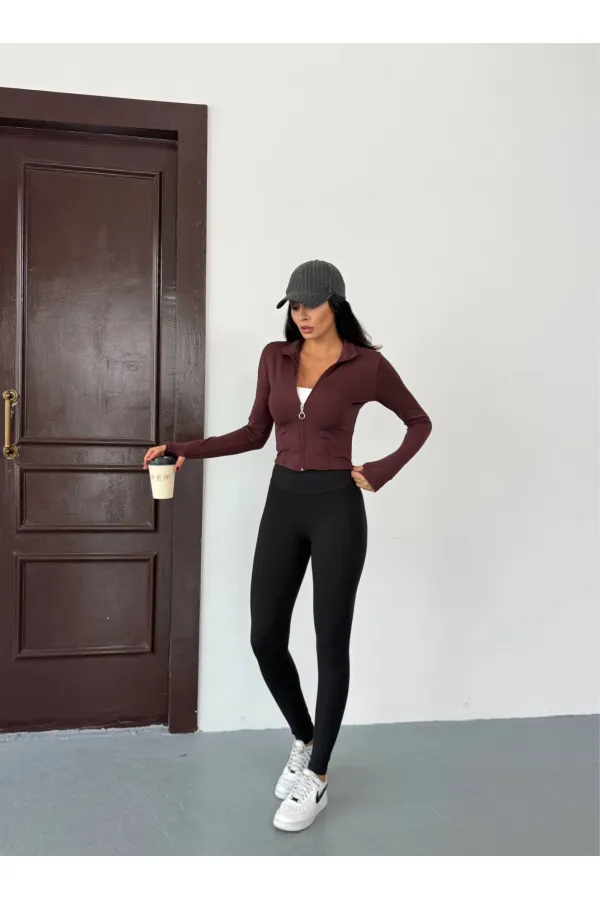 Women's Brown Diving Fabric Zippered Finger-Tight Sweatshirt HZL25W-FRY123441