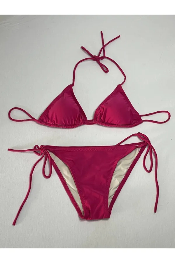 Kadın Koyu Pembe Boyundan İp Bağlamalı Üçgen Bikini Takımı HZL25S-LC5005