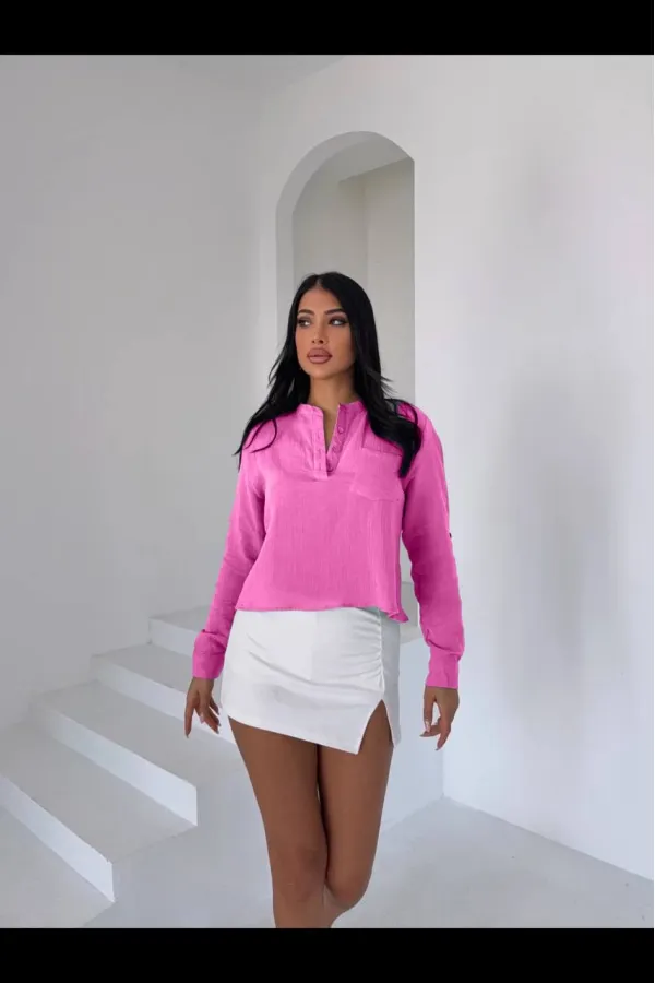 Kadın Pembe Hakim Yaka Müslin Gömlek Bluz HZL25S-DSB1515