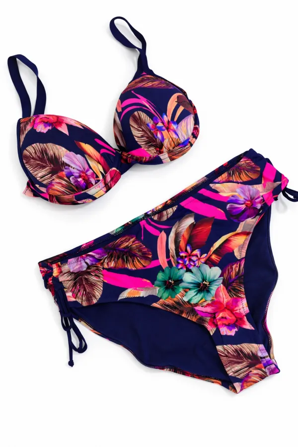 Women's Navy Blue Leaf Pattern Strappy High Waist Shaping Bikini Set HZL24S-LC22625