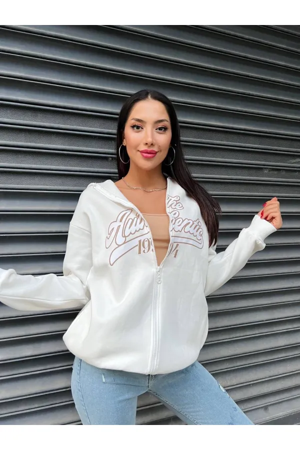 Kadın Beyaz Baskılı Kapüşonlu Fermuarlı Oversize Sweatshirt HZL24W-ZK12741