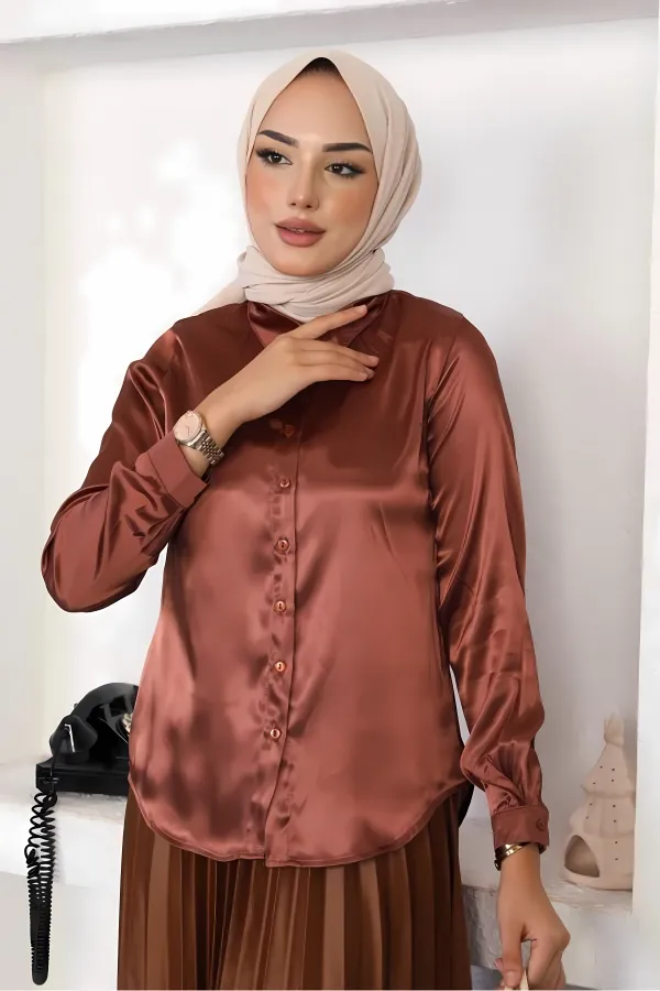 Kadın Bakır Saten Yüzeyli Tesettür Gömlek HZL25W-BD139641