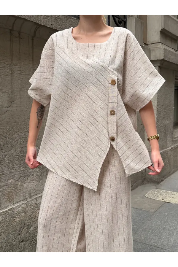 Kadın Krem Çizgili Düğme Detaylı Bluz Pantolon Keten İkili Takım HZL26S-VL14271 Kadın Krem Çizgili Düğme Detaylı Bluz Pantolon Keten İkili Takım HZL26S-VL14271