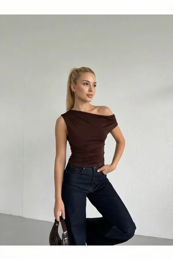 Women's Brown Green Side Draped Boat Neck Sandy Blouse HZL25S-FRY123201