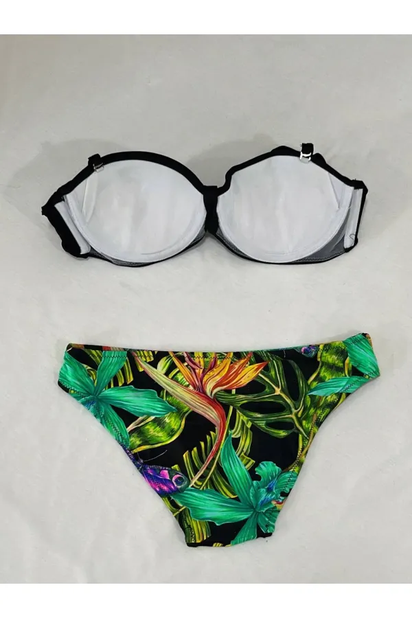 Kadın Siyah Taş İşlemeli Toka Aksesuarlı Astarlı Bikini Takım HZL25S-LC208