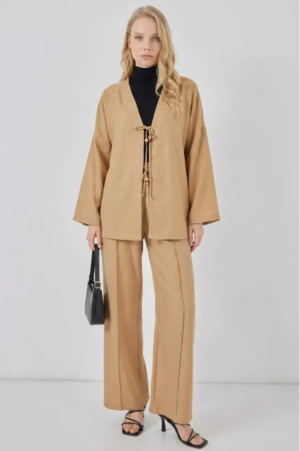 Kadın Bej Keten Bağlama Detaylı Kimono Pantolon İkili Takım HZL26S-BD167271