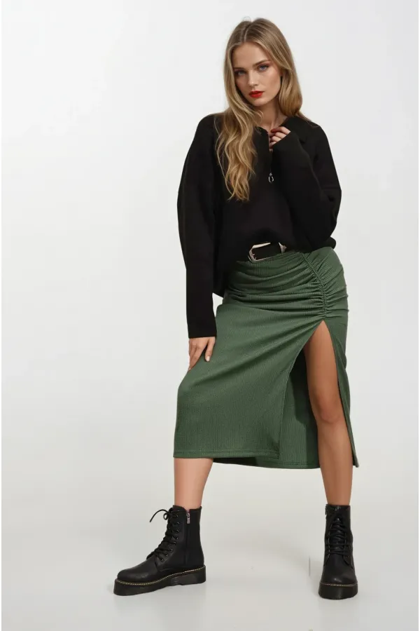 Kadın Zümrüt Yeşili Beli Lastikli Yırtmaçlı Uzun Etek HZL22S-BD118801