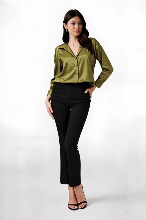 Kadın Yağ Yeşili Hafif Dökümlü Saten Yüzeyli Gömlek HZL22W-BD139641