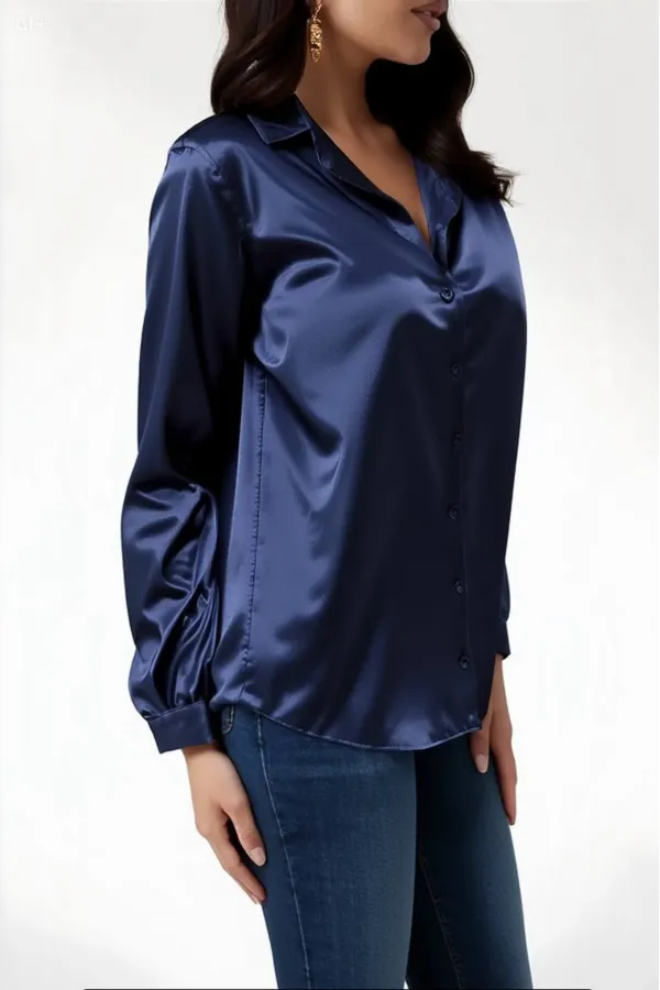 Kadın Lacivert Hafif Dökümlü Saten Yüzeyli Gömlek HZL22W-BD139641