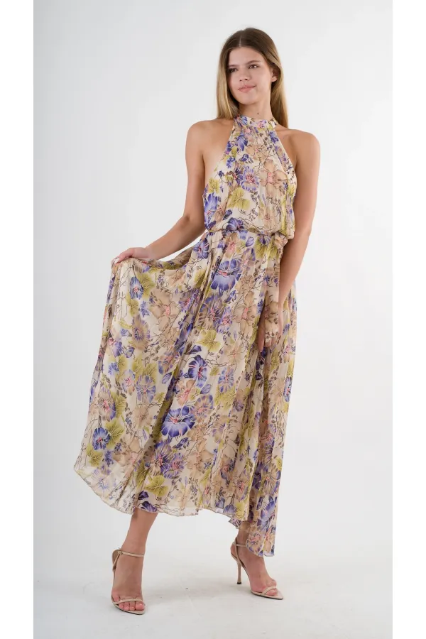 Kadın Mor Çicek Desenli Halter Yaka Kuşaklı Astarlı Uzun Elbise HZL24S-YY233