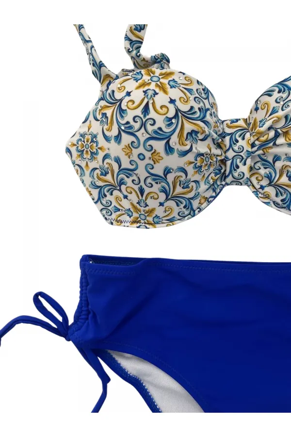 Kadın Mavi Beyaz Desenli Taş İşlemeli  Astarlı Bikini Takım HZL25S-LC3309
