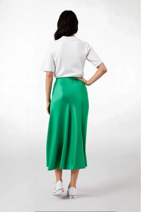 Women's Green Satin Surface Elastic Waist Midi Length Skirt Hzl23S-BD1101471