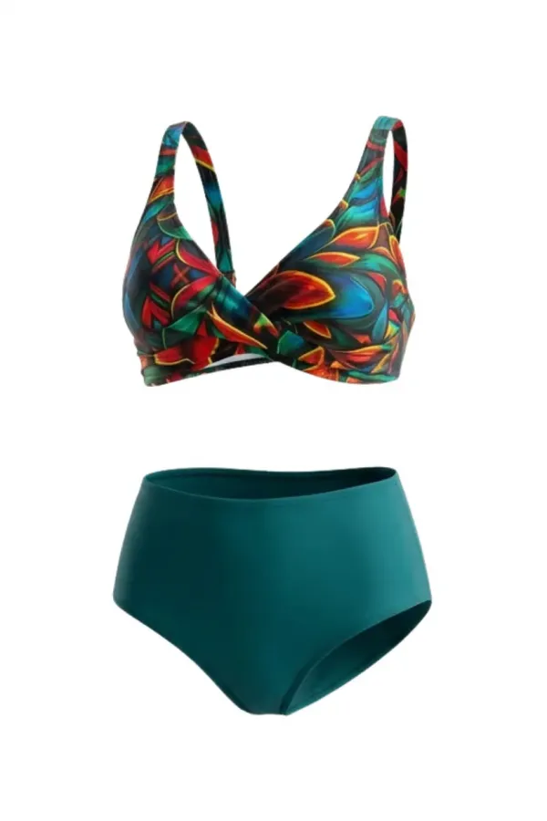 Ensemble bikini grande taille doublé à motif floral vert pétrole pour femme HZL26S-LC21202