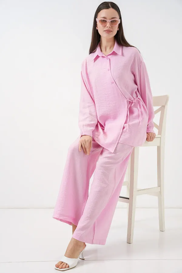 Kadın Bağcıklı Tunik Pantolon İkili Takım 6752 - Pudra