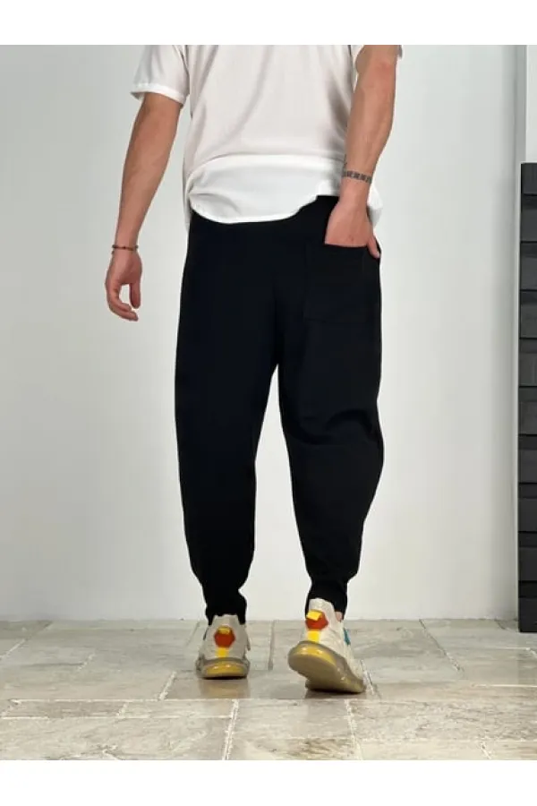 Erkek Siyah Beli İp Bağlamalı Bol Kesim Cepli Pantolon Eşofman Altı HZL24S-MXC9019-25