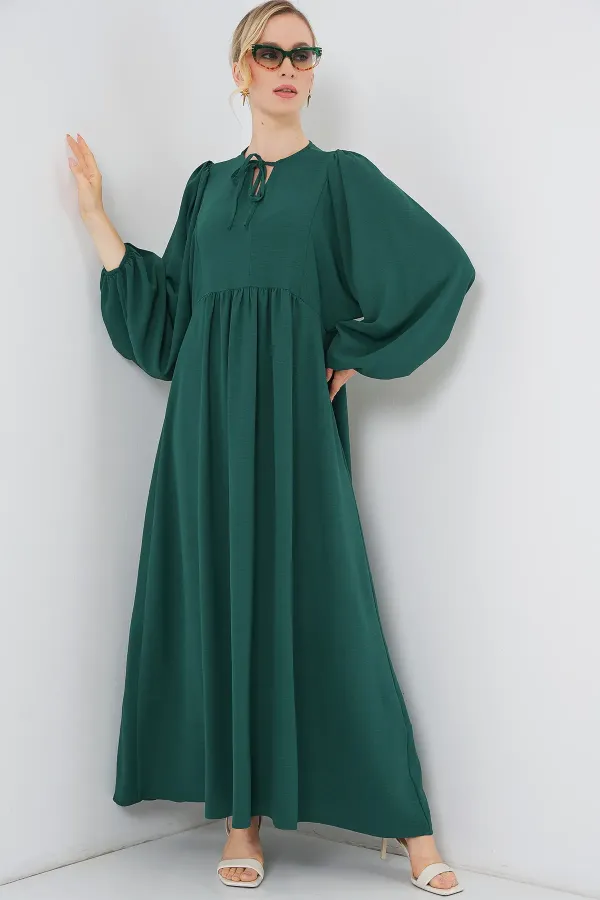 Women's Balloon Sleeve Long Hijab Dress 2464 - Emerald Green