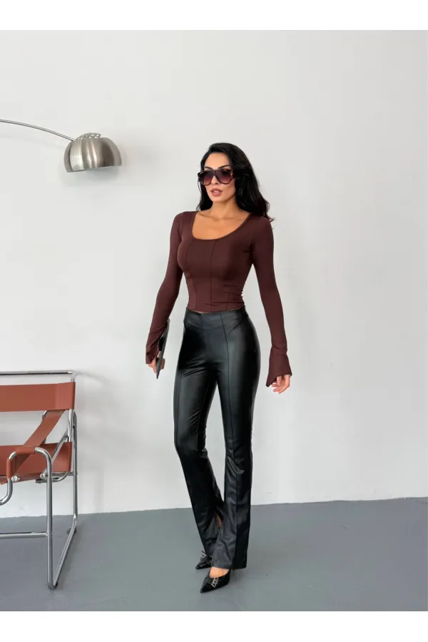 Kadın Kahverengi Uzun Kollu Arkası Bağlamalı Fit Kesim Crop Bluz HZL25W-FRY122771