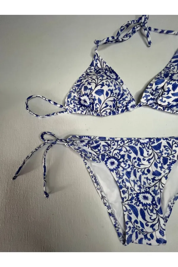 Women's Tile Pattern Blue White Patterned Neckline Triangle Bikini Set HZL25S-LC5005