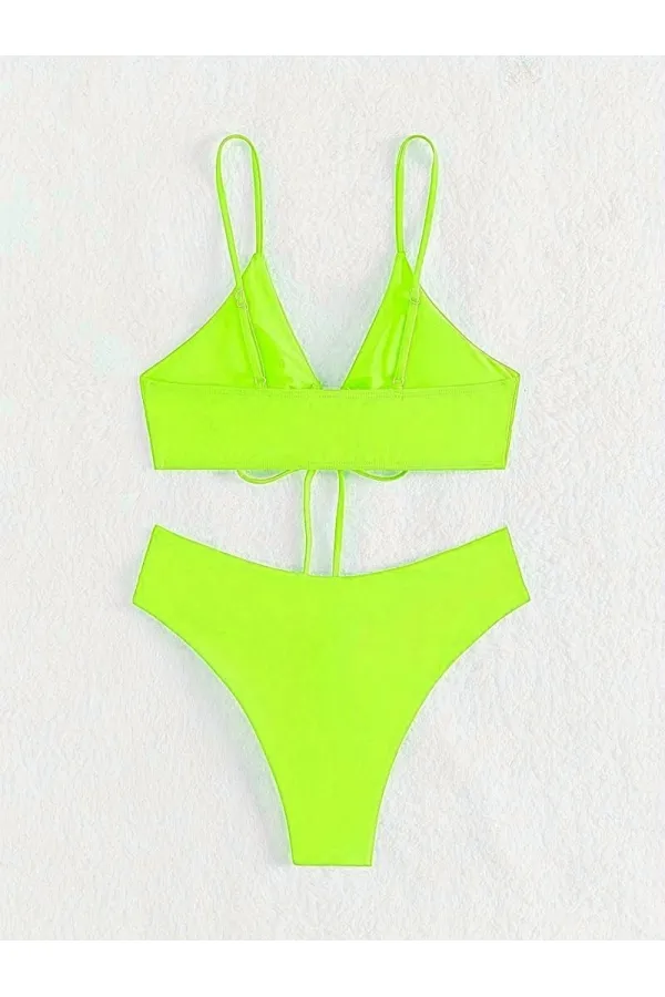 Kadın Neon Yeşil İp Detaylı Astarlı V Kesim Üçgen Bikini Takım HZL24S-LC2234