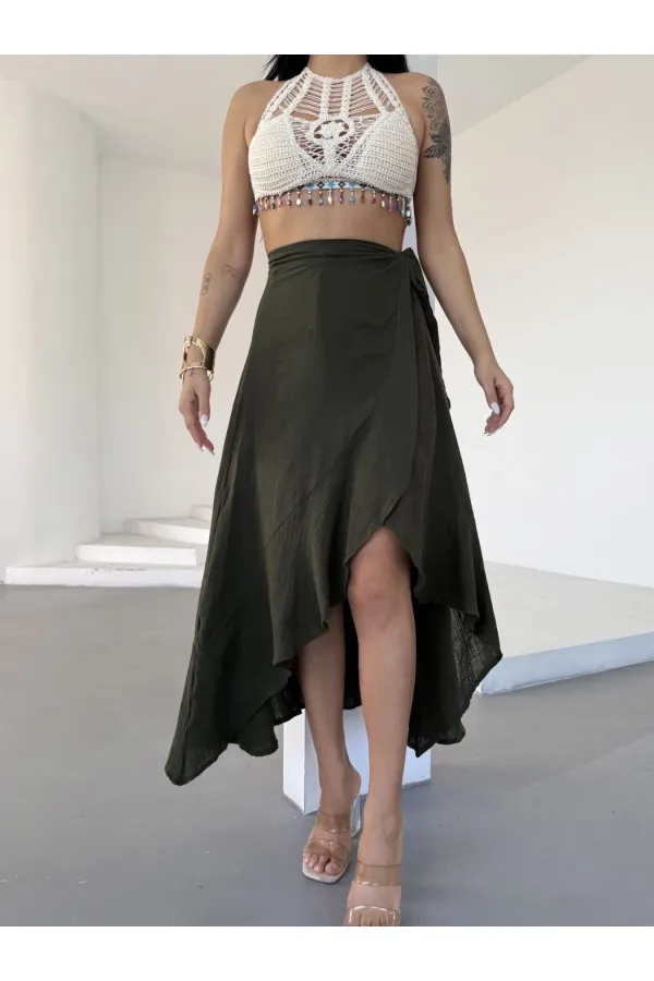 Kadım Haki Belden Bağlamalı Asimetrik Müslin Etek HZL25S-DSB117801