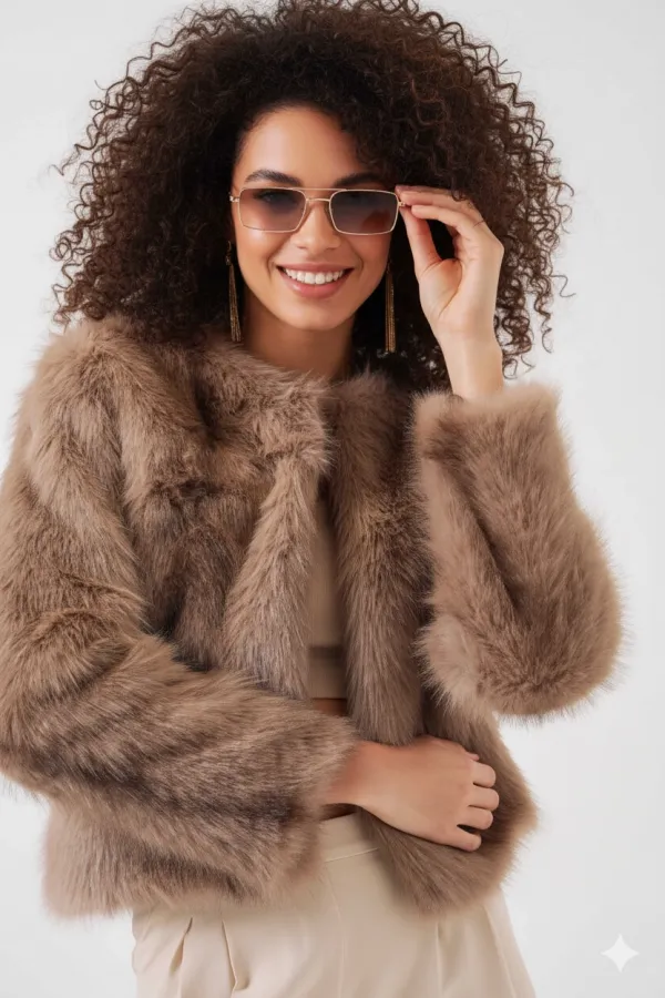 Manteau en fourrure pelucheuse doublé biscuit pour femme HZL25W-BD152251