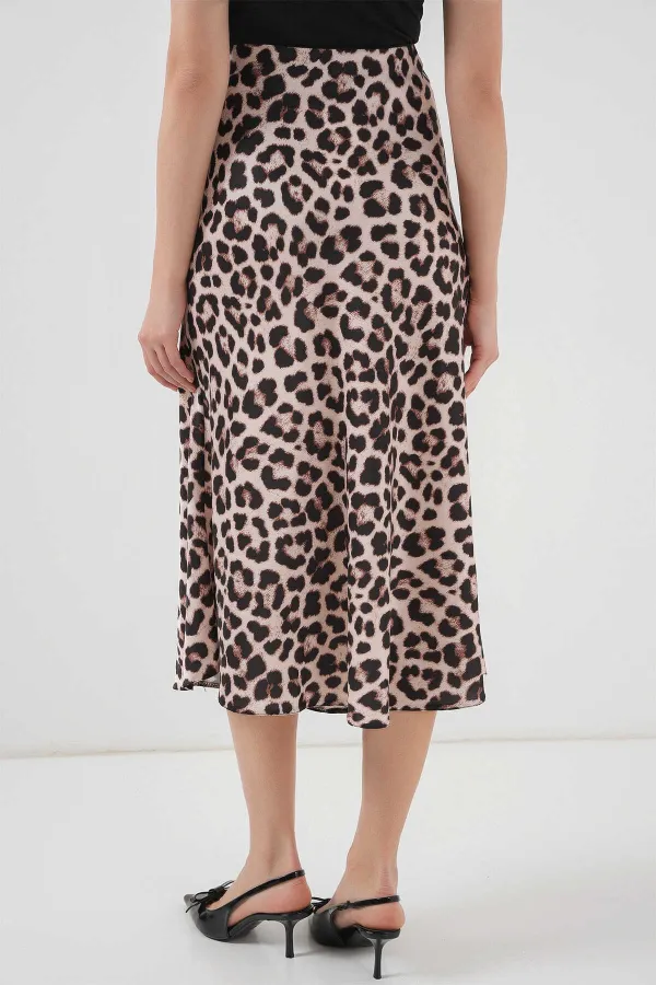 Kadın Vizon Leopar Desenli Saten Yüzeyli Beli Lastikli Midi Boy Etek Hzl23S-BD1101471