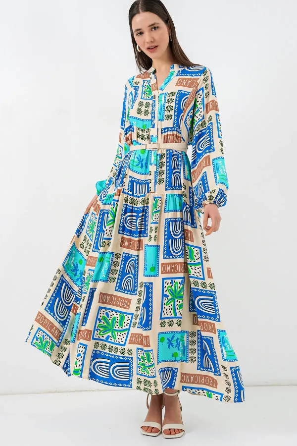 Women's Patterned Long Hijab Dress 2585 - A. Turquoise