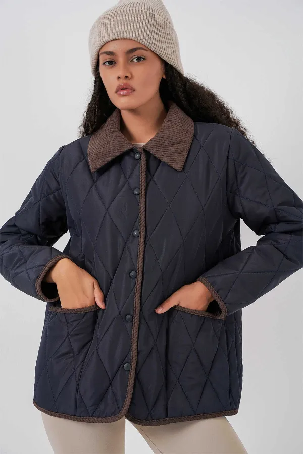 Manteau matelassé en velours bleu marine pour femme, avec fermeture à pression HZL25W-BD152261