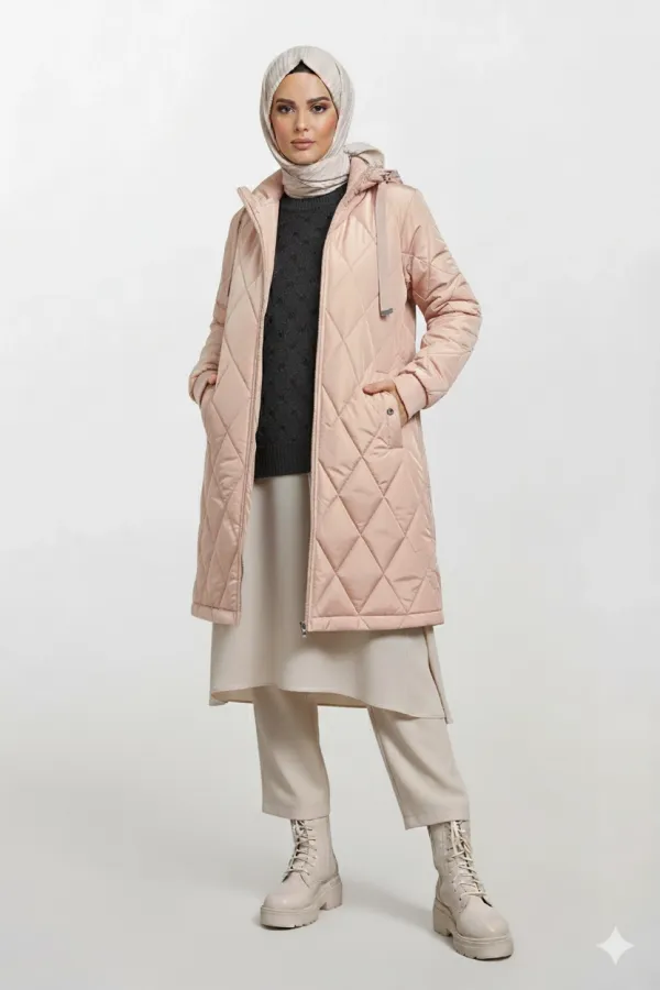 Women's Cream Long Quilted Lined Puffer Hijab Coat HZL25W-BD151381