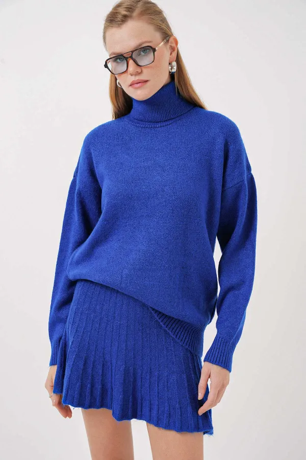 Ensemble deux pièces en tricot bleu vif pour femme, jupe pull HZL25W-BD1102641