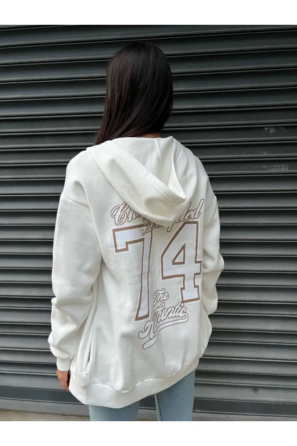 Kadın Beyaz Baskılı Kapüşonlu Fermuarlı Oversize Sweatshirt HZL24W-ZK12741
