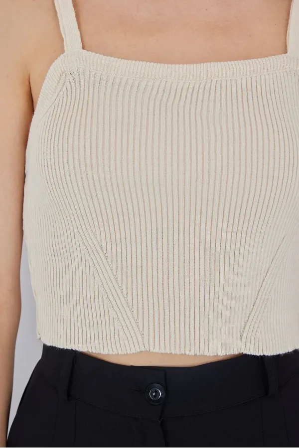 Kadın Askılı Crop Top Bluz 15934 - Krem