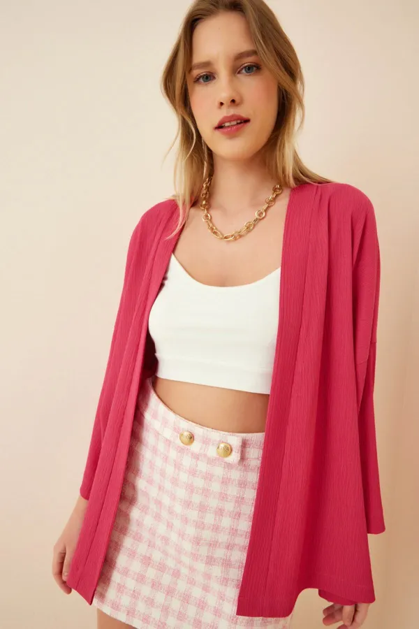 Veste texturée rose à col rabattu et ouverture sur le devant pour femme HZL22S-BD158621