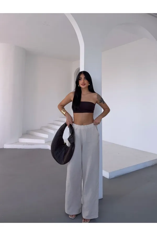 Kadın Bej Beli Lastikli Müslin Kumaş Bol Paça Pantolon HZL25S-DSB12221