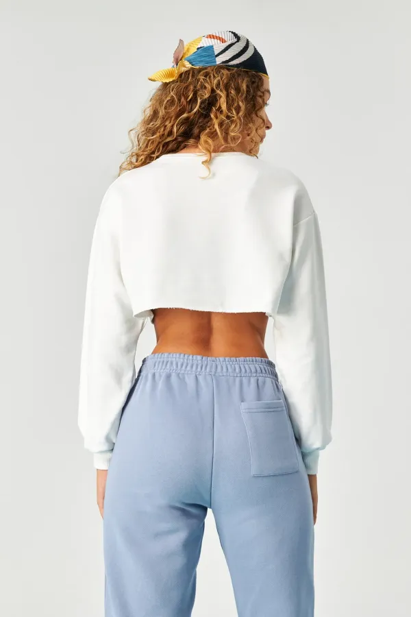 Sweat-shirt court basique blanc à col ras du cou et manches longues pour femme HZL24W-ZK11351