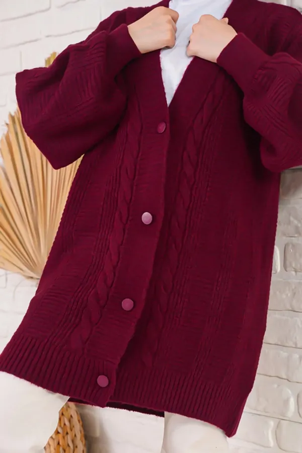 Women's Burgundy Hair Knit Pattern Long Buttoned Casual Cut Knitwear Cardigan HZL23W-BD1100691