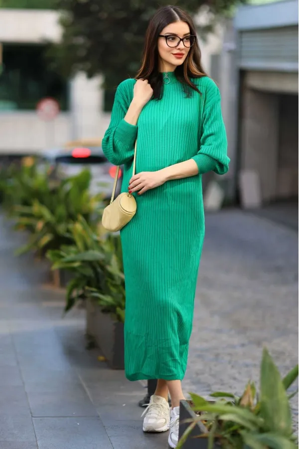 Robe longue en maille côtelée verte à col zippé pour femme HZL24W-BD1102271