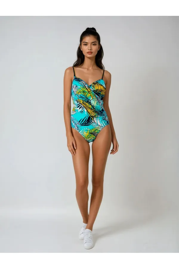 Maillot de bain drapé latéral bleu marine, turquoise et jaune, motif plumes, pour femme, HZL25S-LC6243