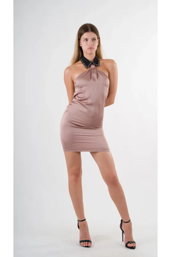 Kadın Camel Halter Yaka Saten Kumaş Sırt Dekolteli Mini Elbise HZL24S-YY262