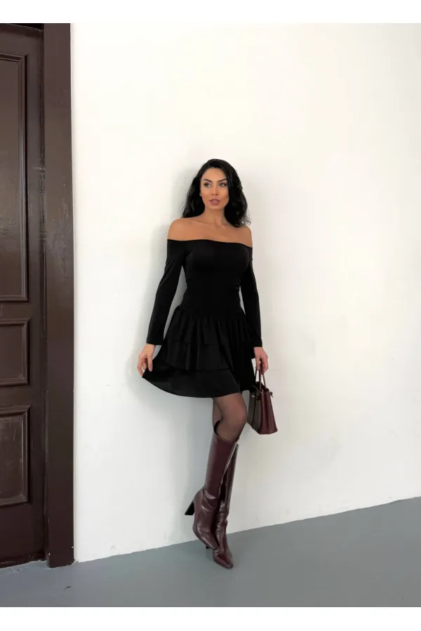 Women's Black Strapless Neckline Layered Skirt Detail Mini Dress HZL25W-FRY123581