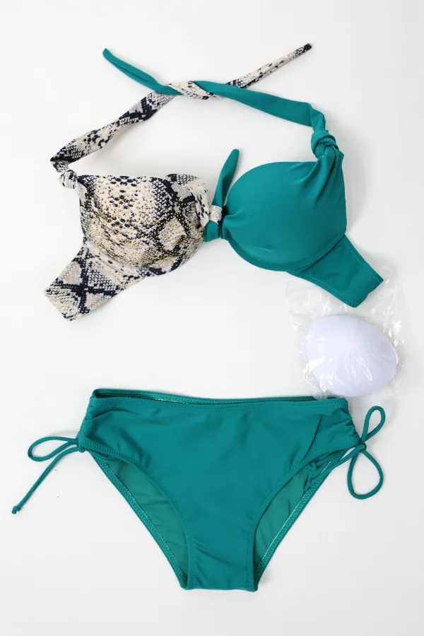 Kadın Turkuaz Bej Taş Bloklu  Yüksek Bel Toparlayıcı Bikini Takım HZL24S-LC3335