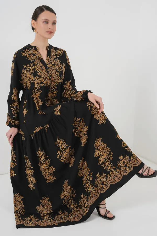 Black Gold Patterned Hijab Dress 2423