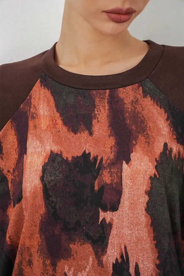 Ensemble deux pièces tunique et pantalon oversize à motifs pour femme 55462 - Marron