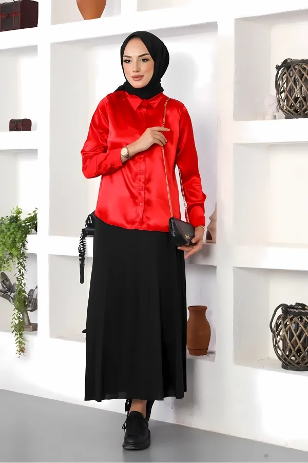 Chemise hijab rouge satinée pour femme HZL25W-BD139641